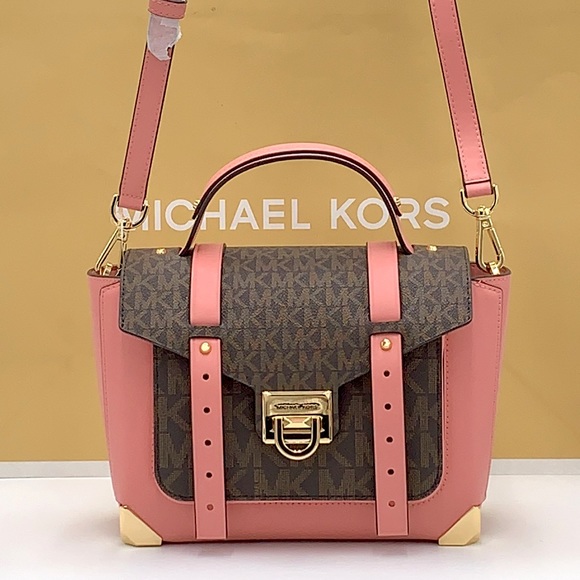 MICHAEL KORS 
Manhattan Medium Leather and Logo Satchel PRIMROSE/ BROWN SIGNATUR - Picture 6 of 16